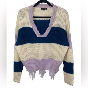 FASHION NOVA Knit VNeck Color Block Stripe Fringe Sweater Size 1XL